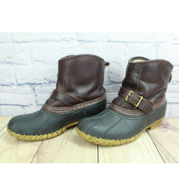 LL Bean Lounger Brown Leather Shearling Lined Ankle Duck Boots Size 9 M - Picture 2 of 10